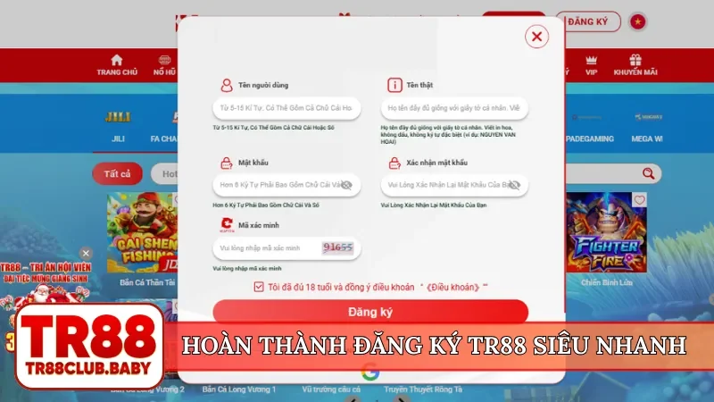 Hoàn thành đăng ký TR88 siêu nhanh